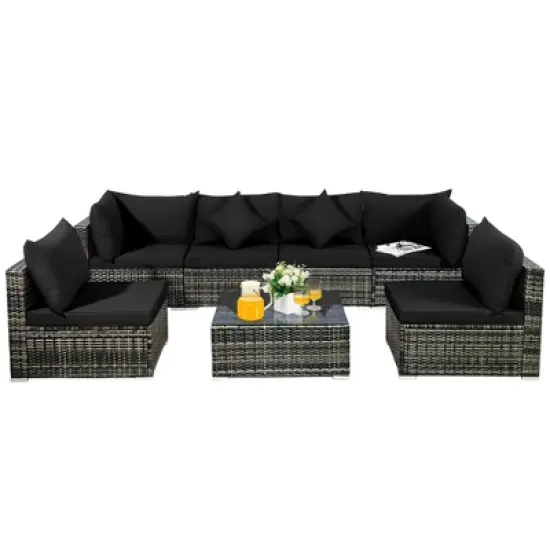 Costway 7PCS Patio Rattan Furniture Set Sectional Sofa Garden Black Cushion image {2}