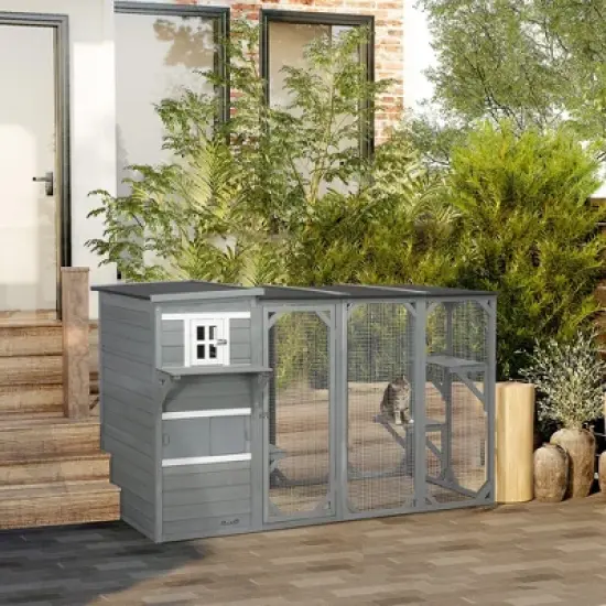 PawHut Large Outside Cat Shelter for 3 Kitties, Multi-Level Design with Big Hiding Areas, Catio Outdoor Cat Enclosure, Cat Condo for Large Cats image {1}