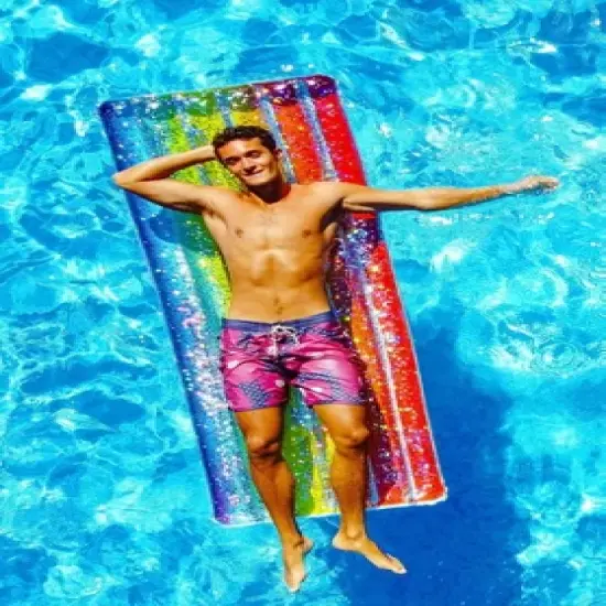 PoolCandy Large Inflatable Rainbow Pool Raft Deluxe Ultra Durable Sun Tan Fun Great For Pools, Lakes, And More image {4}