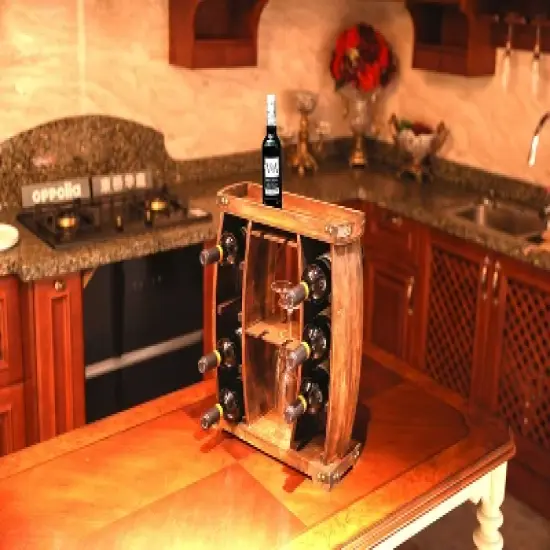 Vintiquewise Decorative Wooden 8 Bottle Rustic Wine Rack with Glasses Holder image {5}