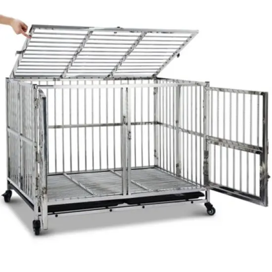48 Inch Heavy Duty Dog Crate - Stainless Steel Kennel with Wheels, Double Door & Small Door Design, Removable Tray & Sturdy Locks, Silver image {1}