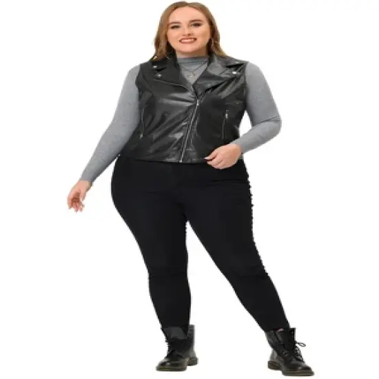 Agnes Orinda Women's Plus Size Leather Motorcycle Zip-Up Riding Biker Crop Vest Jacket image {2}