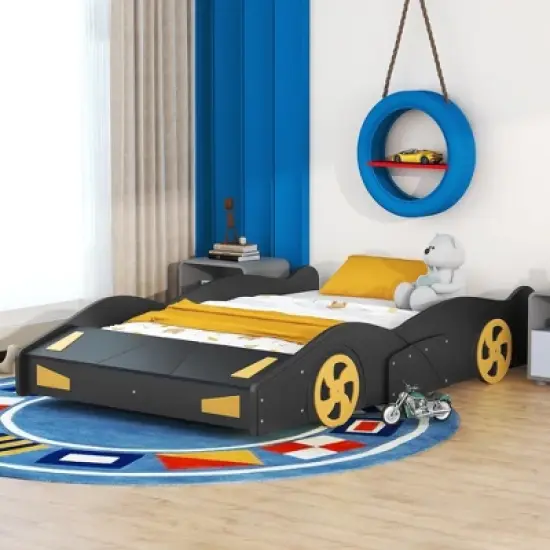 Okak Platform Bed Frame with Wheels and Storage Race Car-Shaped for Kids Noise-Free Bed Strong Wood Slats Easy Assembly image {1}