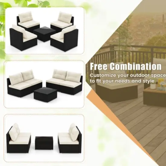 Tangkula 5 Pieces Outdoor Patio Furniture Set Sectional PE Rattan Sofa Set with Cushions and Tempered Glass Coffee Table image {6}