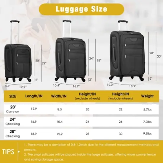 FONTOI 20"&24"&28" Luggage Sets 3 Pieces, Softside Expandable Luggages with Duffel Bag, Spinner Travel luggage Sets, Black, 12.2"*18.9"*30" image {2}