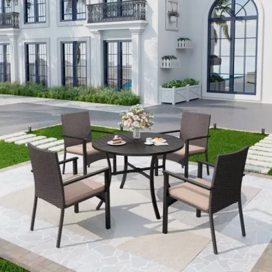Captiva Designs 5pc Patio Dining Set Steel Frame Table with Umbrella Hole & Rattan Chairs with Removable Cushions image {15}