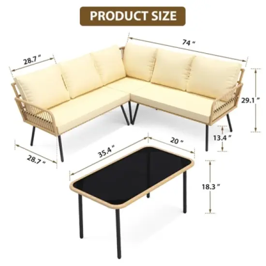 4 Pieces Patio Furniture Sets Wicker Outdoor Sectional L-Shaped with Cushions,Side Table and Chairs Set,Boho Rattan 5 Seater Conversation Sets,Beige image {1}