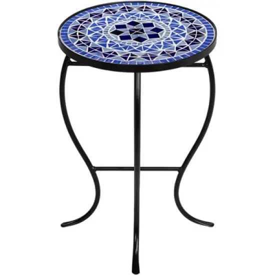 Teal Island Designs Modern Black Round Outdoor Accent Side Table 14" Wide Light Blue Mosaic Tabletop Front Porch Patio Home House Balcony image {5}