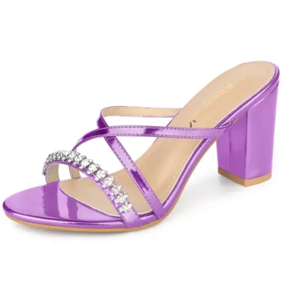 Allegra K Women's Crisscross Strap Rhinestone Block Heel Slide Sandals image {11}