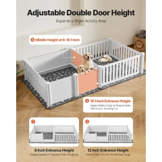 VEVOR Dogs Whelping Box, 93.3x48.4x18.1 inch, Plastic PVC Puppies Playpen with Height Adjustable Door and Washable Pee Pad, Milk White image {4}