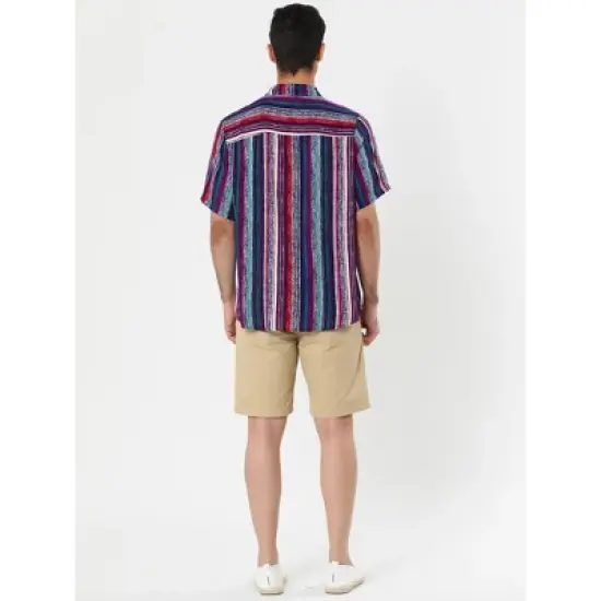 Lars Amadeus Men's Button Down Short Sleeve Casual Vertical Multicolor Shirt image {4}