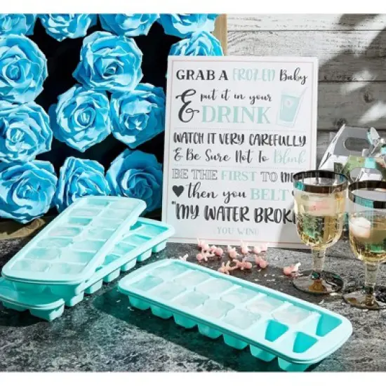 Blue Panda My Water Broke Baby Shower Game with 60 1-Inch Mini Plastic Babies, Girls and Boys, Includes 3 Ice Cube Trays and 1 Sign (Turquoise) image {1}