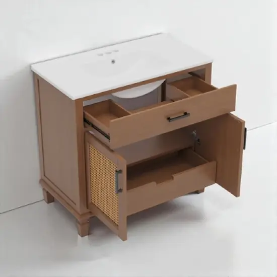 36" Rattan Bathroom Vanity with Ceramic Sink, Soft-Close Drawers & Solid Fir Legs,4" Faucet Compatible, Freestanding Vanity image {8}