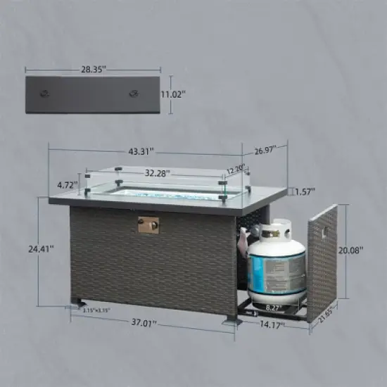 Syemin Outdoor Fireplaces with Glass Wind Guard, with Aluminum Rust-Proof Tabletop, for Patio, Gray, 43.31"*26.97"*24.41" image {1}