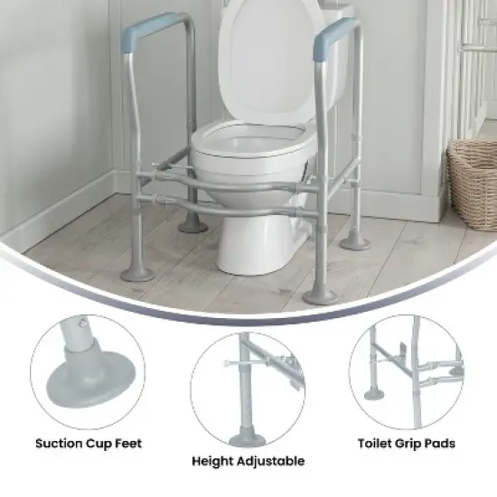 Flash Furniture HERCULES Adjustable Toilet Safety Rail with Silver Steel Frame, Gray Padded Handles and Suction Cup Feet for Stability image {9}