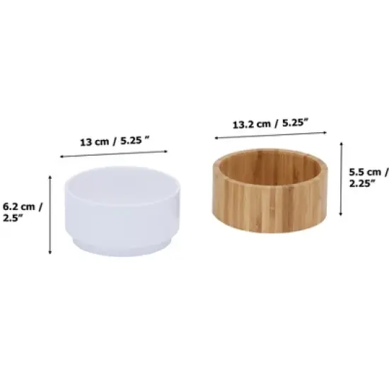 Teamson Pets Billie Raised Dishwasher Safe Food Grade White Ceramic Pet Bowl with Round Ergonomic Bamboo Stand and Non-Slip Padded Bottom, Brown image {3}