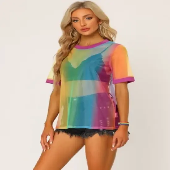 Allegra K Women's Rainbow Mesh Short Sleeve Cover Up Sheer T-Shirt image {1}