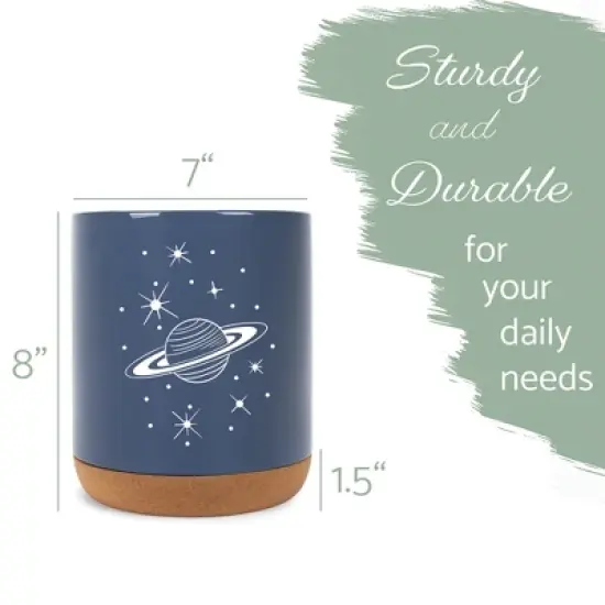 Elanze Designs 8 inch Galactic Stars and Planet Large Ceramic Kitchen Utensil Holder Navy Blue and White Crock with Cork Base image {1}