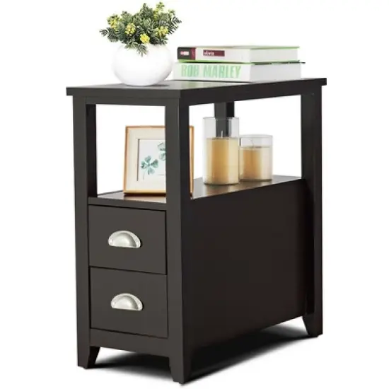 Costway Set of 2 End Bedside Table Rectangular Nightstand W/ 2 Drawers & Shelf Espresso image {8}