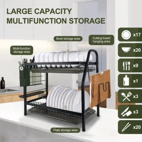 Fortune Candy 16'' Tall Large Capacity Multifunction Storage 2 Tier Dish Drying Rack image {2}