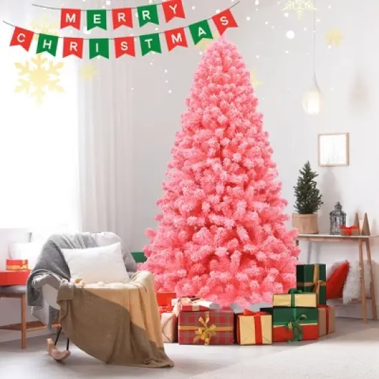 Costway 4.5/6.5/7.5 ft Snow Flocked Hinged Artificial Christmas Tree w/ Metal Stand Pink image {4}