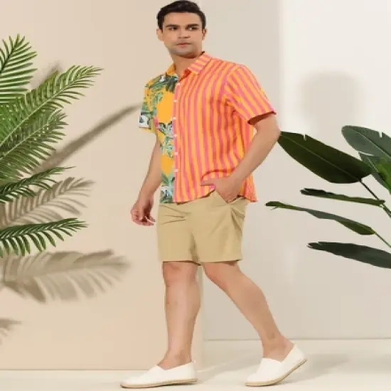 Lars Amadeus Men's Striped Shirt Point Collar Button Up Flower Print Summer Hawaiian Floral Patchwork Shirt image {3}