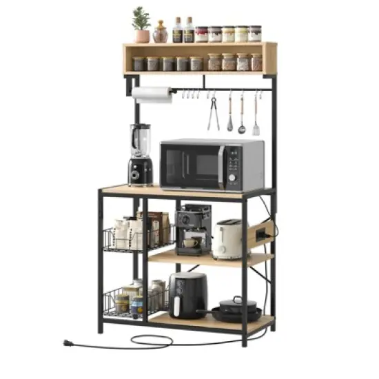 Bestier 65" Bakers Rack with Power Outlets, 5-Tier Kitchen Storage Shelves, Microwave Stand with 2 Wire Basket & 10 Hooks image {7}