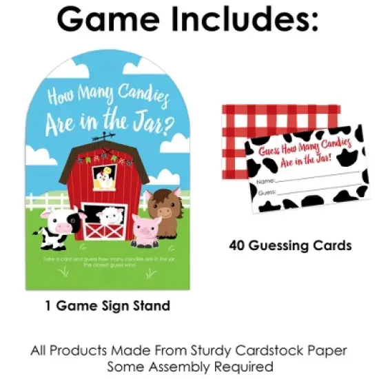 Big Dot of Happiness Farm Animals - How Many Candies Barnyard Baby Shower or Birthday Party Game - 1 Stand and 40 Cards - Candy Guessing Game image {2}