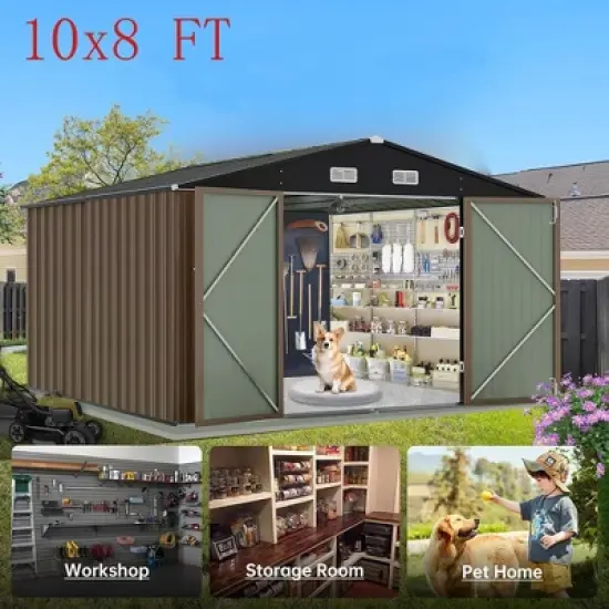 Outdoor Metal Storage Shed Steel Utility Tool House With Lockable Doors & Windows image {6}