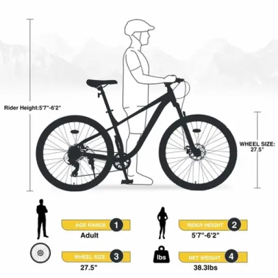 NAYSAYE 27.5 Inch 8 Speed Mountain Bike with Front Suspension and Steel Frame for All Terrain Adventures, Yellow, 68.5"*27.1"*40.55" image {3}