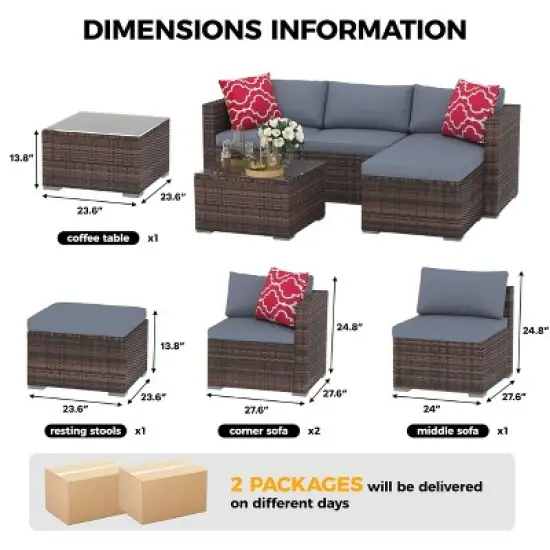 5PCs Outdoor Patio Furniture Set, Wicker Rattan Sectional Sofa with Glass Table & Anti-Slip Cushions for Porch, Garden, and Backyard, Brown/Grey image {1}