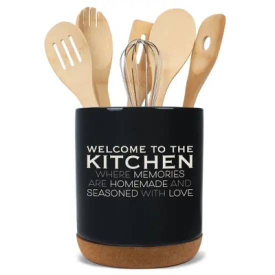 Elanze Designs Welcome to the Kitchen Ceramic Cork Bottom Black Large Capacity Utensil Holder Crock for Countertop Storage, Stylish & Durable for image {4}