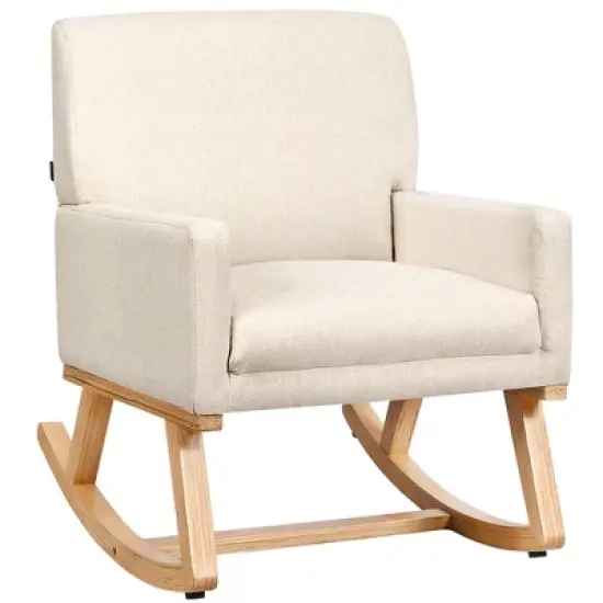 Costway Mid Century Rocking Chair Upholstered Armchair w/ Lumbar Support BeigeGray image {6}
