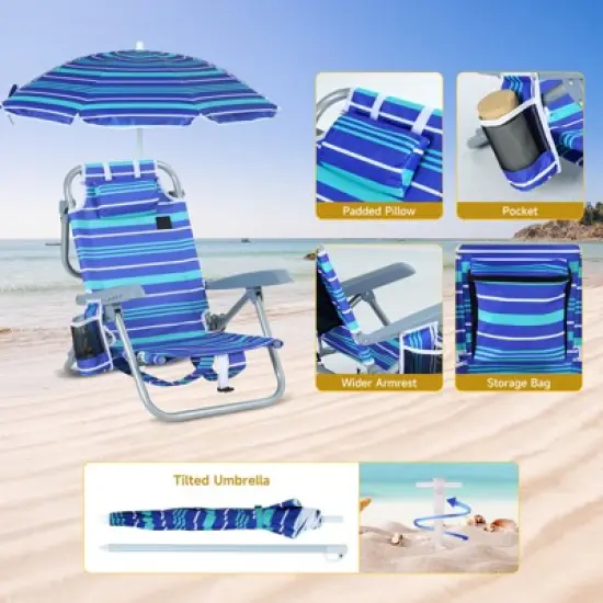 MUKE Kids Reclining Beach & Camp Chair with Umbrella, 5-Position Foldable Chair, Lightweight & Portable Design for Outdoor Fun image {3}