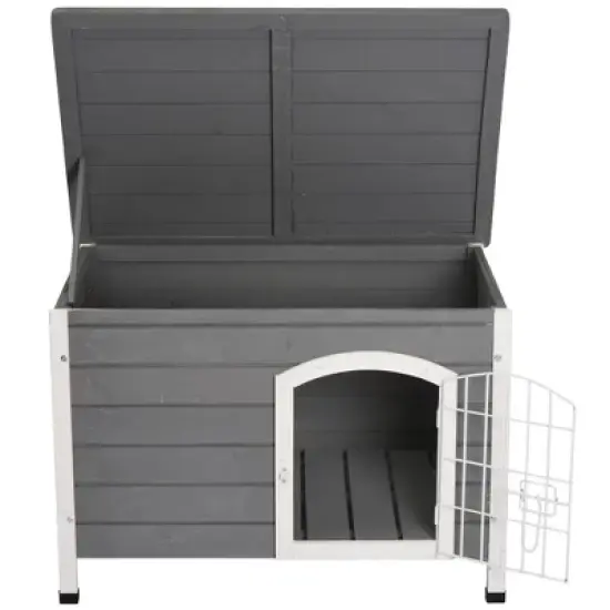 PawHut 31"L Wooden Decorative Dog Cage Kennel Wire Door with Lock Small Animal House with Openable Top Removable Bottom Gray image {3}