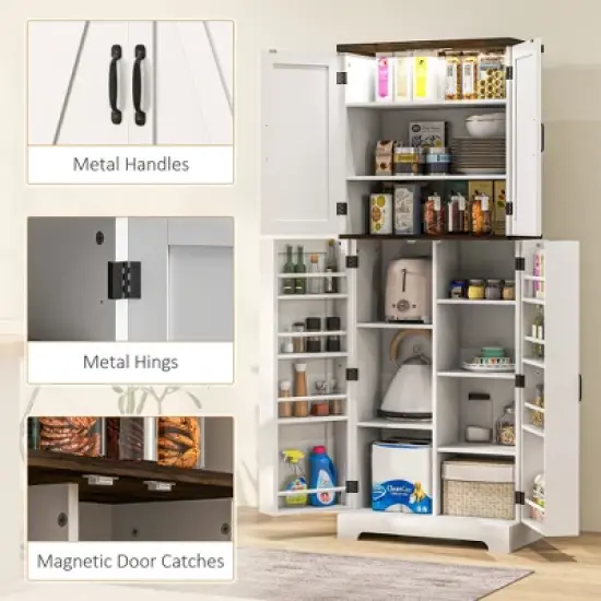 HOMCOM 64" Kitchen Pantry Storage Cabinet with Motion Sensor Light, Spice Racks and Adjustable Shelves, White image {4}