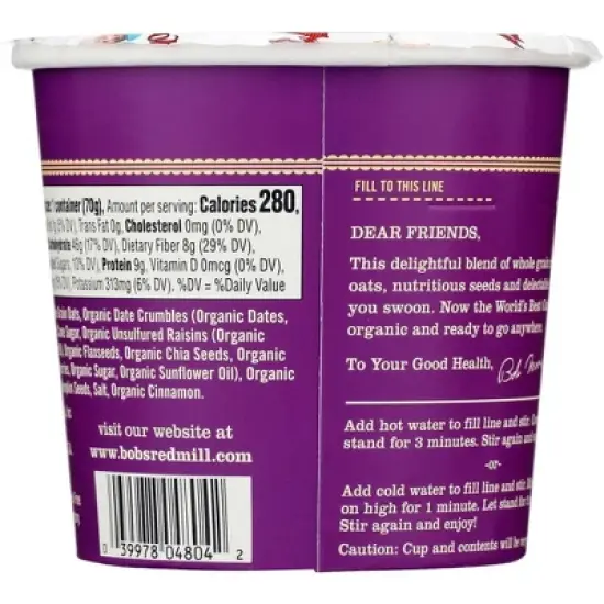 Bob's Red Mill Organic Fruit & Seed Oatmeal Cup - Case of 12/2.47 oz image {2}
