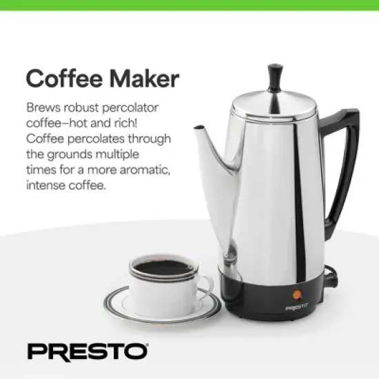 Presto Stainless Steel Coffee Maker, 12 Cup Robust Percolator Coffee Machine for Kitchens with Filter Basket and Signal Light, Silver image {5}