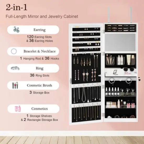 VECELO Mirrored Jewelry Cabinet Wall, Door Mounted Jewelry Organizer with LED Lights and Lockable Full Length Mirror, White image {5}