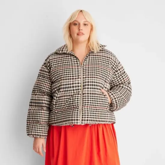 Women's Zip-Up Checkered Puffer Coat - Future Collective&trade; with Reese Blutstein Brown image {5}