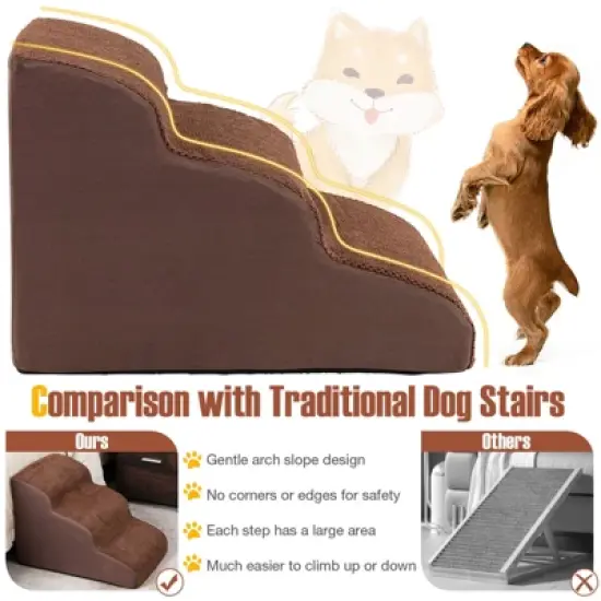 3-Tier Foam Dog Ramp Non-Slip Dog Steps Soft Pet Stairs Ladder for High Sofa Bed Grey/Brown image {6}