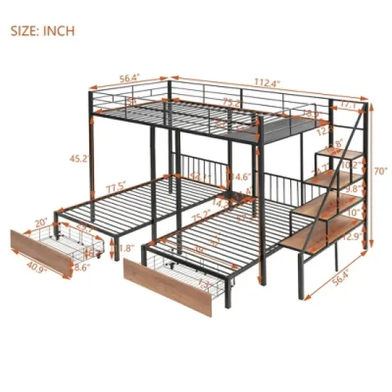 Full over Twin-Twin Triple Bunk Bed with Drawers and Staircase - ModernLuxe image {3}