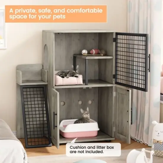 Modern Villa Litter Box Enclosure with Ladder, Double-Layer Cat House Furniture, 33.5" x 17.9" x 41.9" image {6}