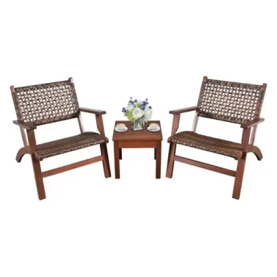 Bestier 3-Piece Patio Bistro Set with Coffee Table, Eucalyptus Wood Chair with Rattan Wicker Back & Seat, Outdoor Furniture Set for Garden, Balcony image {7}