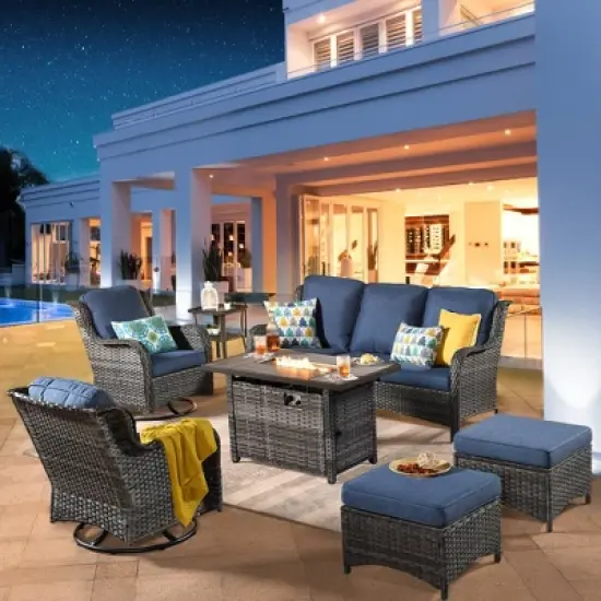 Ovios Orlando 7pc Brown Wicker Outdoor Patio Furniture Conversation Sofa Set with a Rectangle Fire Pit, Swivel Chairs and Cushions image {15}