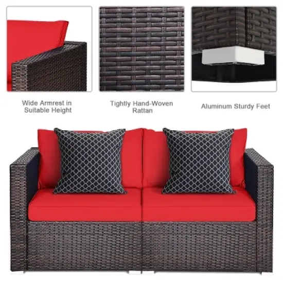 Tangkula 4PCS Rattan Corner Sofa Set Patio Outdoor Furniture Set w/ Red Cushions image {5}