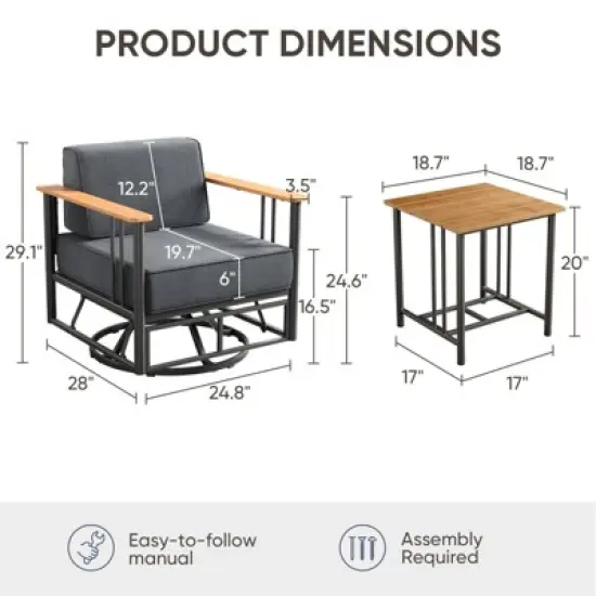 Belord Small Patio Furniture Set with 6" Thick Seat Cushion, Metal Outdoor Swivel Glider Chairs Set of 2 with Side Table, Comfort Thick Foam Cushion image {5}