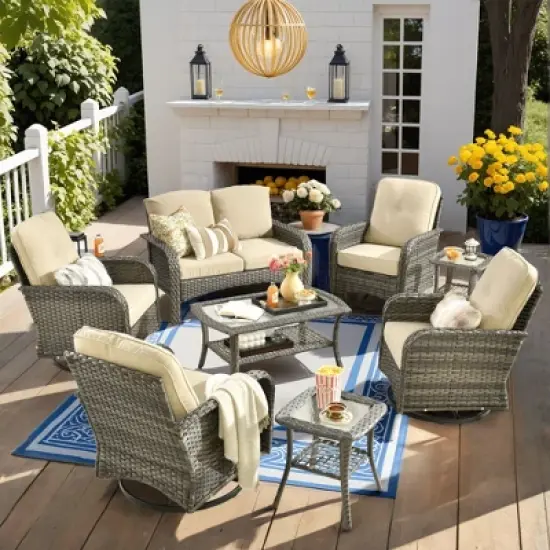 XIZZI Outdoor Patio Swivel Chair Conversation Set, 3/5/7/8 Piece Sofa Sets w/ Side Table, 360&deg; Swivel Seats & Optional Coffee Table/Loveseat image {8}