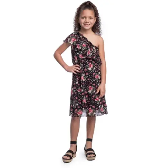 24seven Comfort Apparel Girls Black Floral One Shoulder Ruffle Knee Length Dress image {6}