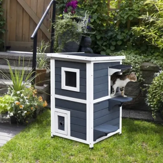 PawHut Solid Wood 2-Floor Cat Condo Kitten Shelter with Window image {1}
